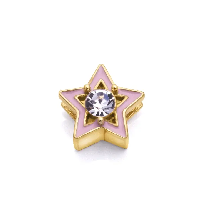 Motivo 'estrella' para pulsera de niña en acero ip dorado con esmalte rosa y circonita blanca